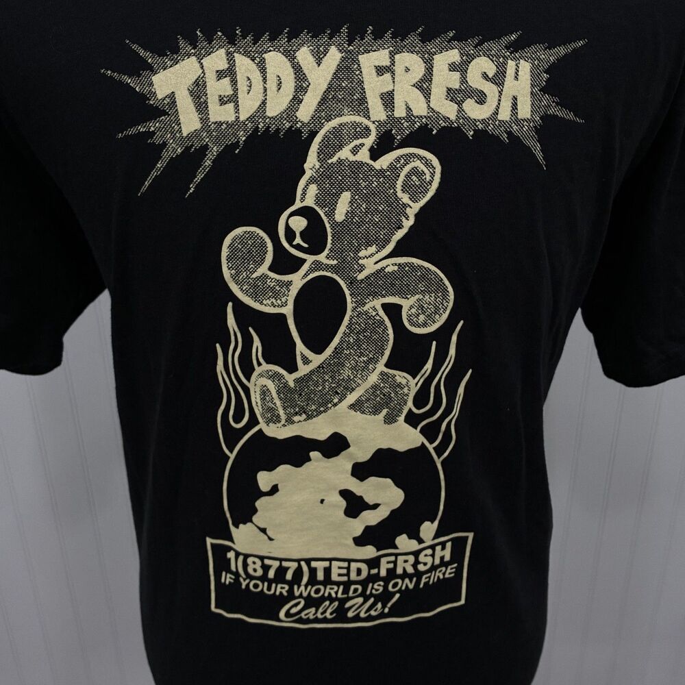 Teddy Fresh T-Shirt Mens XL Black World On Fire Graphic Bear Made In USA Tee - Picture 2 of 7
